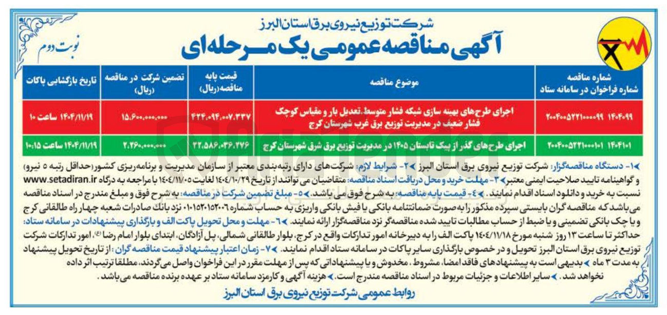 تصویر کوچک آگهی اجرای طرح های بهینه سازی شبکه فشار متوسط تعدیل بار و مقیاس کوچک فشار ضعیف