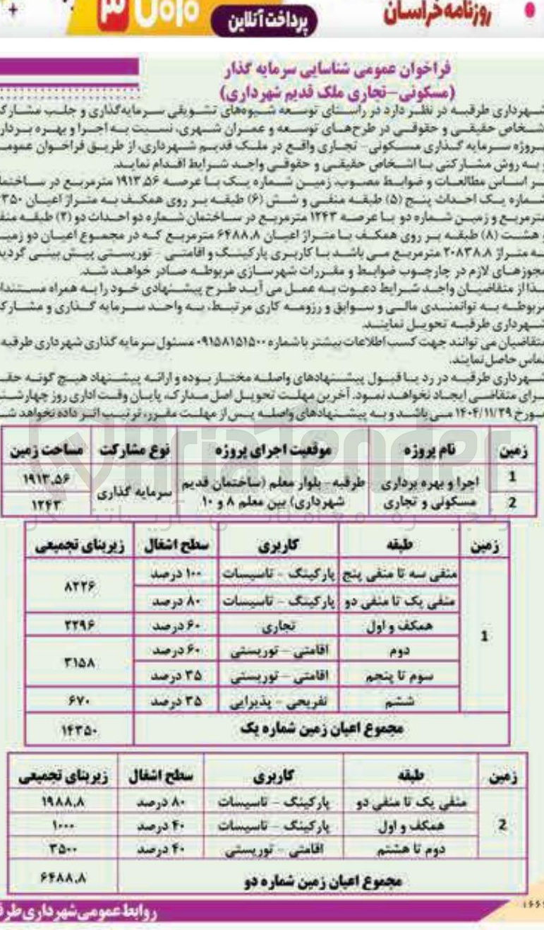 تصویر کوچک آگهی شناسایی سرمایه گذار مسکونی - تجاری