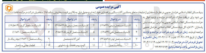 تصویر کوچک آگهی فروش مقداری از ضایعات متعلق به ماشین آلات سنگین و راهسازی 