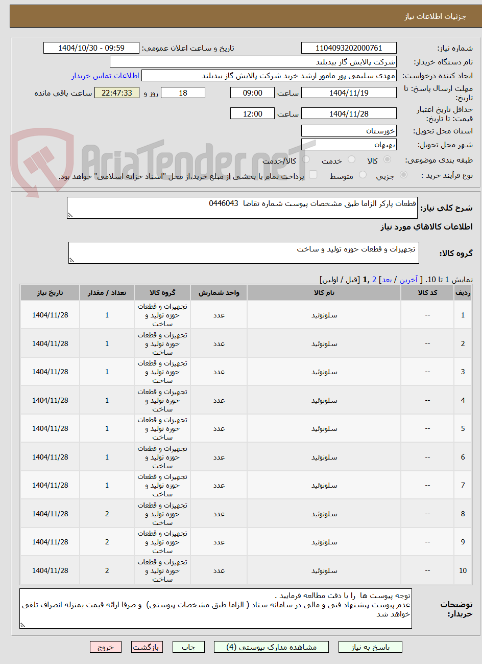 تصویر کوچک آگهی قطعات پارکر الزاما طبق مشخصات پیوست شماره تقاضا  0446043