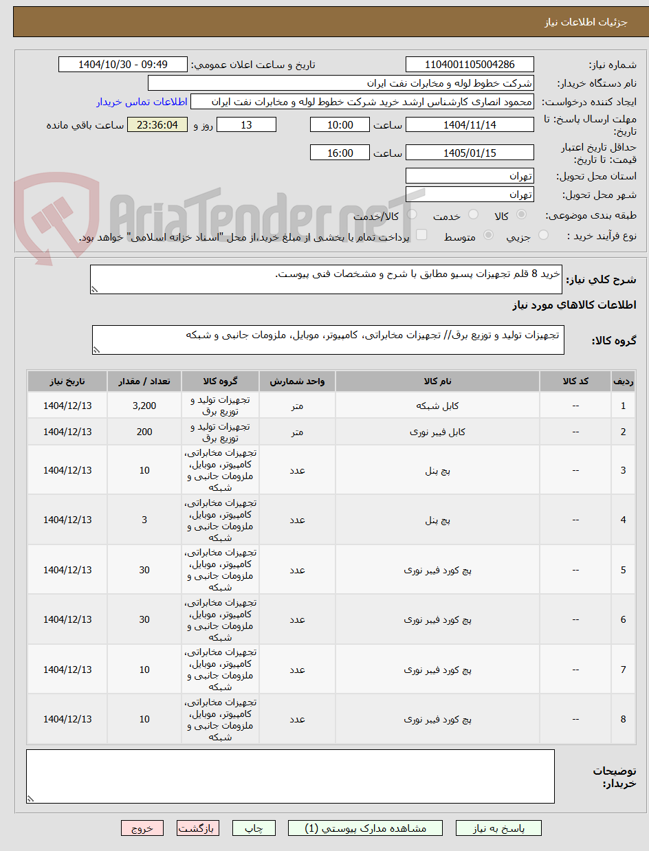 تصویر کوچک آگهی خرید 8 قلم تجهیزات پسیو مطابق با شرح و مشخصات فنی پیوست.