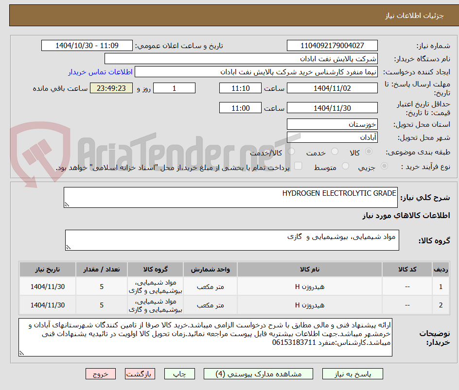 تصویر کوچک آگهی HYDROGEN ELECTROLYTIC GRADE