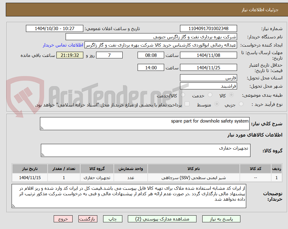 تصویر کوچک آگهی spare part for downhole safety system