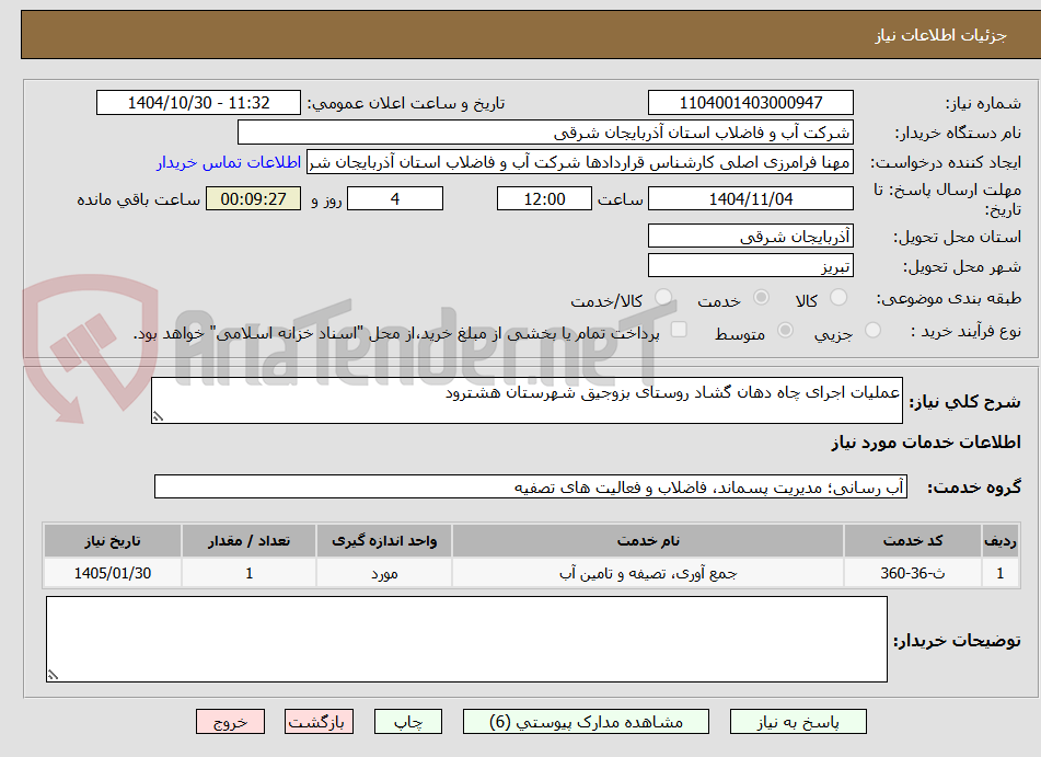 تصویر کوچک آگهی عملیات اجرای چاه دهان گشاد روستای بزوجیق شهرستان هشترود