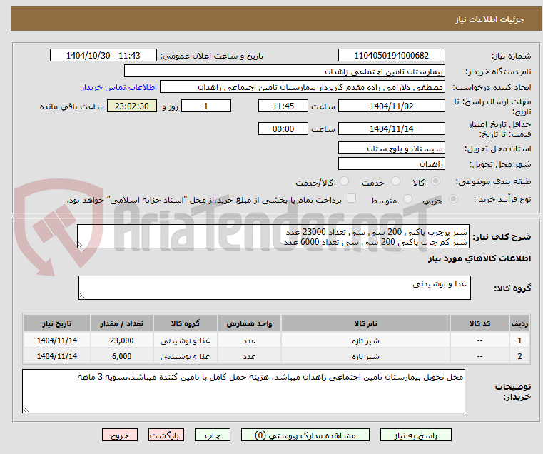 تصویر کوچک آگهی شیر پرچرب پاکتی 200 سی سی تعداد 23000 عدد
شیر کم چرب پاکتی 200 سی سی تعداد 6000 عدد