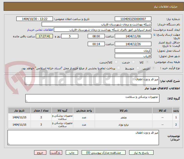 تصویر کوچک آگهی میز قد و وزن اطفال
