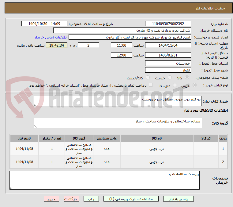 تصویر کوچک آگهی دو قلم درب چوبی مطابق شرح پیوست