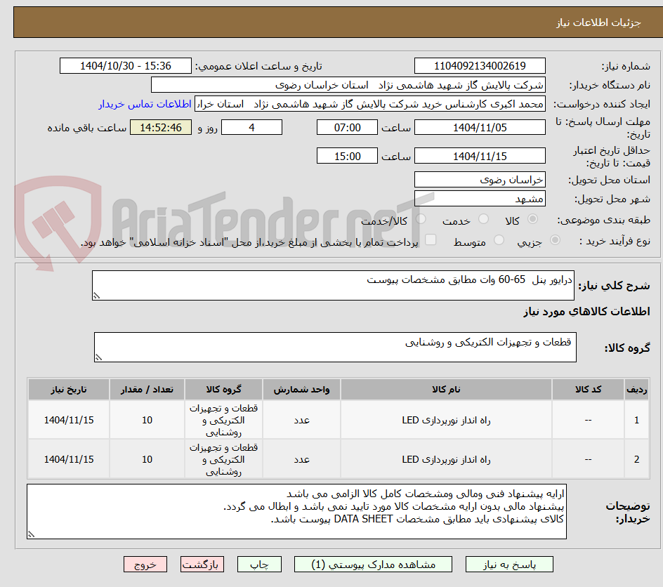 تصویر کوچک آگهی درایور پنل 65-60 وات مطابق مشخصات پیوست