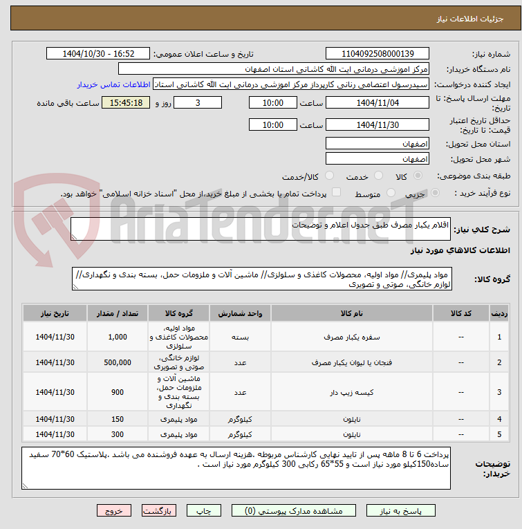 تصویر کوچک آگهی اقلام یکبار مصرف طبق جدول اعلام و توضیحات 