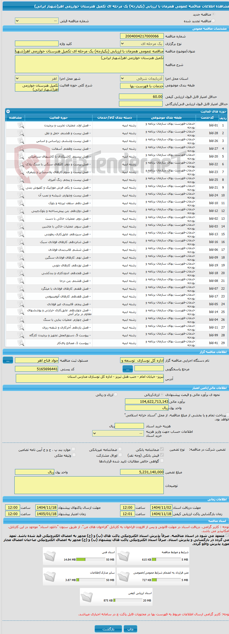 تصویر کوچک آگهی مناقصه عمومی همزمان با ارزیابی (یکپارچه) یک مرحله ای تکمیل هنرستان خوارزمی اهر(شهباز ایرانی)