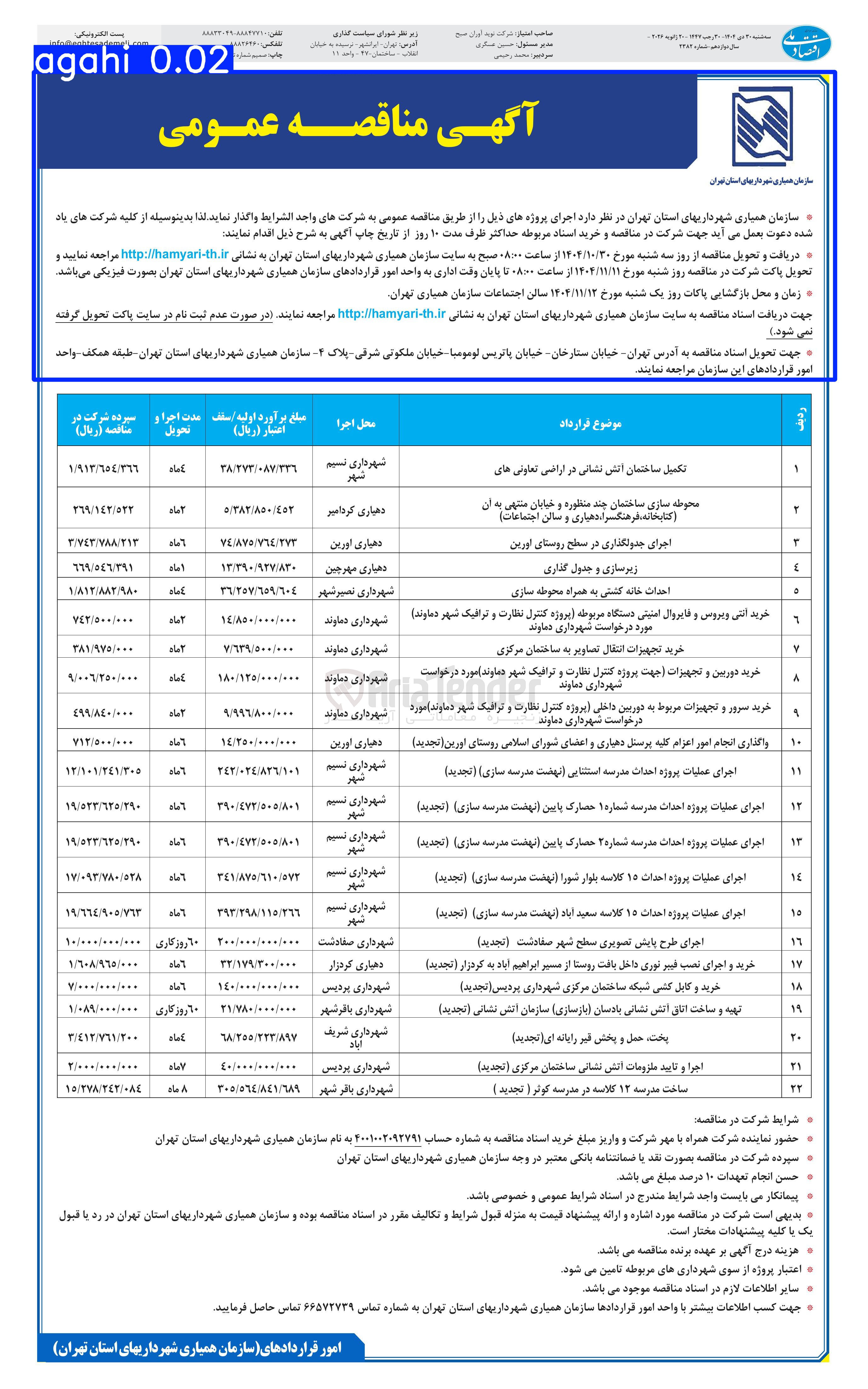 تصویر کوچک آگهی اجرای عملیات پروژه احداث مدرسه