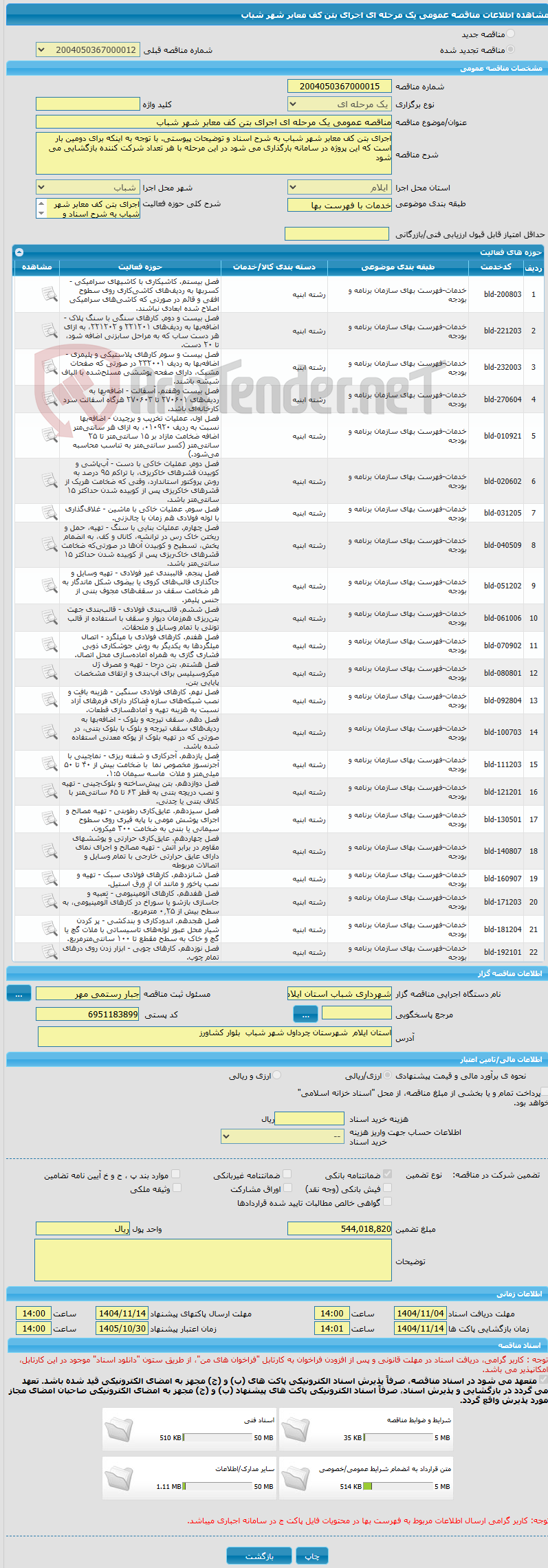 تصویر کوچک آگهی مناقصه عمومی یک مرحله ای اجرای بتن کف معابر شهر شباب