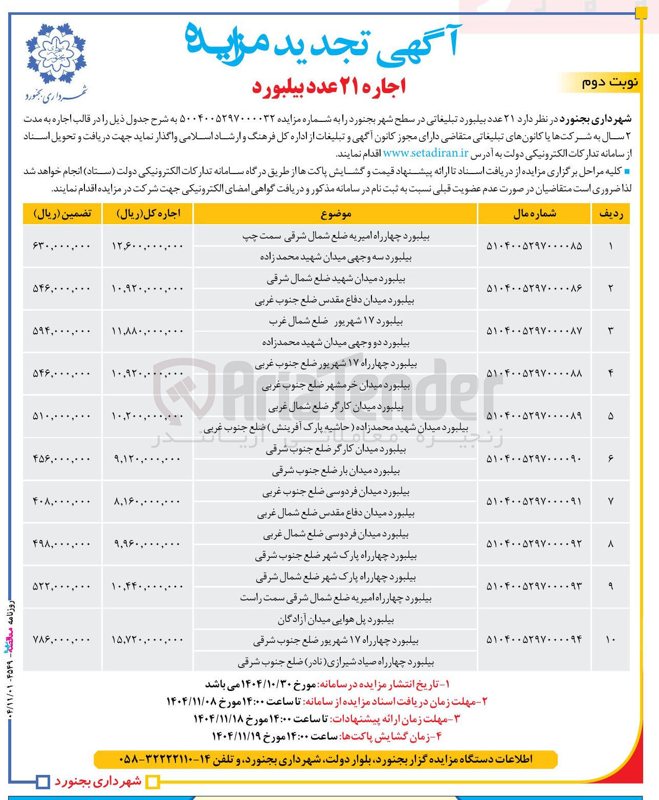 تصویر کوچک آگهی اجاره ۲۱ عدد بیلبورد تبلیغاتی در سطح شهر