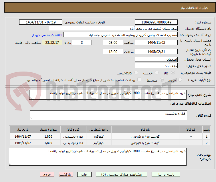 تصویر کوچک آگهی خرید شینسل سینه مرغ منجمد 1800 کیلوگرم تحویل در محل تسویه 4 ماههدارایتاریخ تولید وانقضا