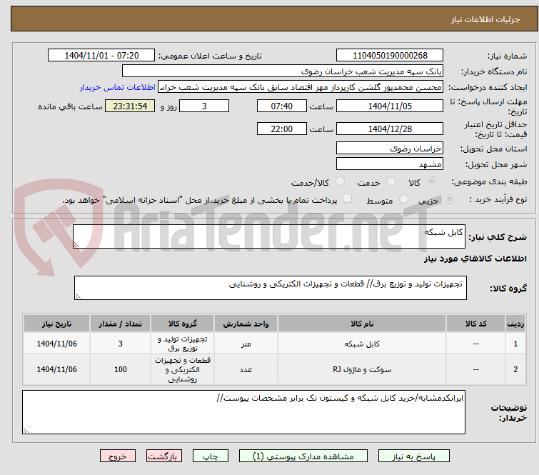 تصویر کوچک آگهی کابل شبکه
