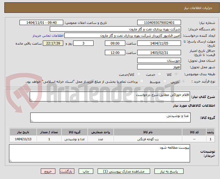 تصویر کوچک آگهی اقلام خوراکی مطابق شرح درخواست