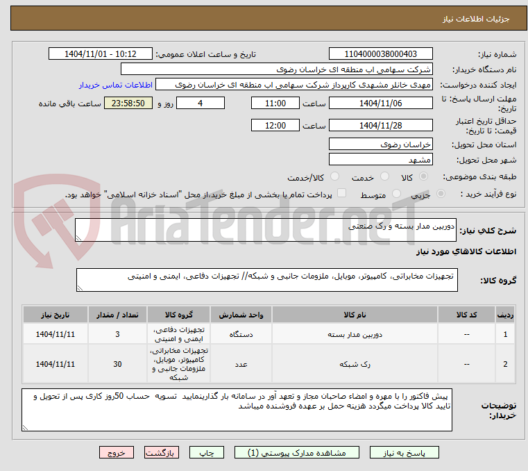 تصویر کوچک آگهی دوربین مدار بسته و رک صنعتی