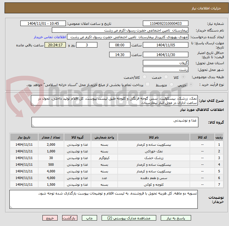 تصویر کوچک آگهی نمک، زرشک، بیسکوئیت، سس گوجه فرنگی و کلوچه طبق لیست پیوست. کل اقلام تولید داخلی. تحول در ساعت اداری در محل انبار بیمارستان.