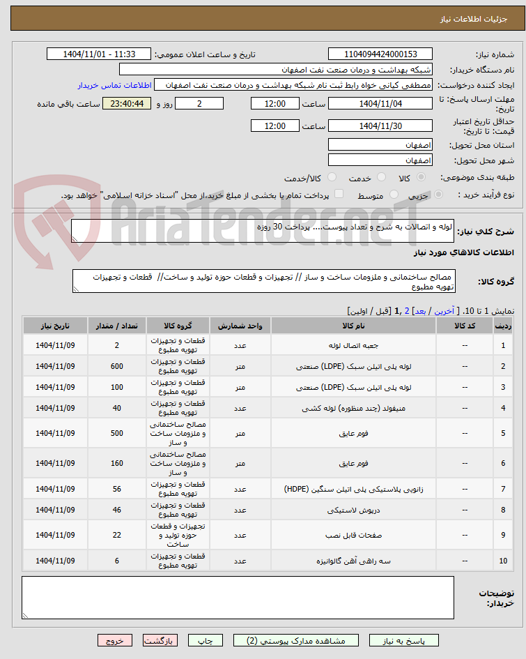 تصویر کوچک آگهی لوله و اتصالات به شرح و تعداد پیوست.... پرداخت 30 روزه