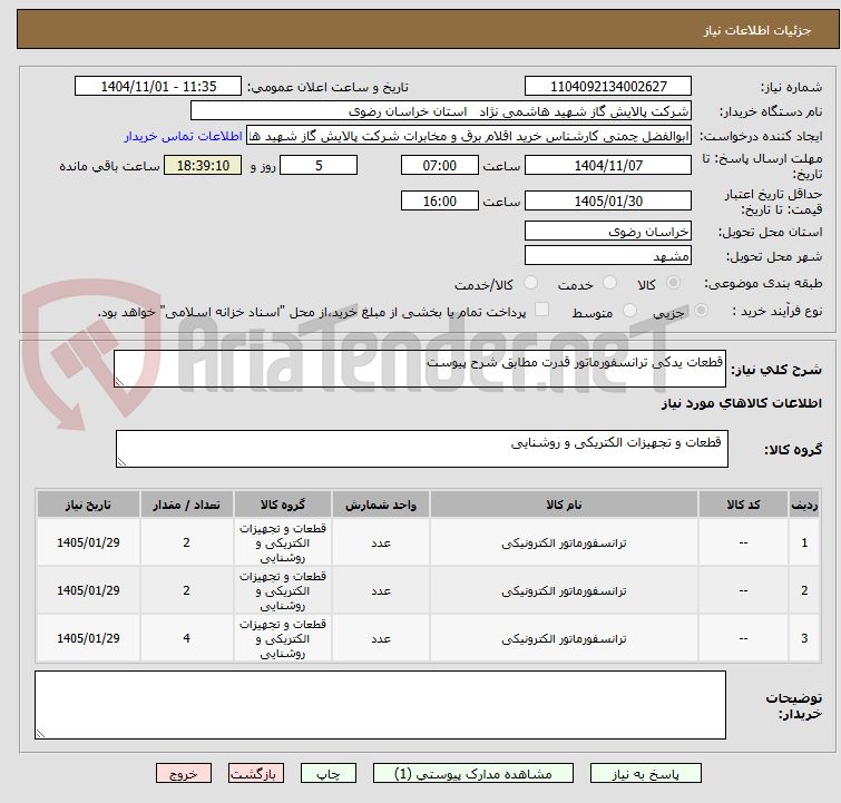 تصویر کوچک آگهی قطعات یدکی ترانسفورماتور قدرت مطابق شرح پیوست