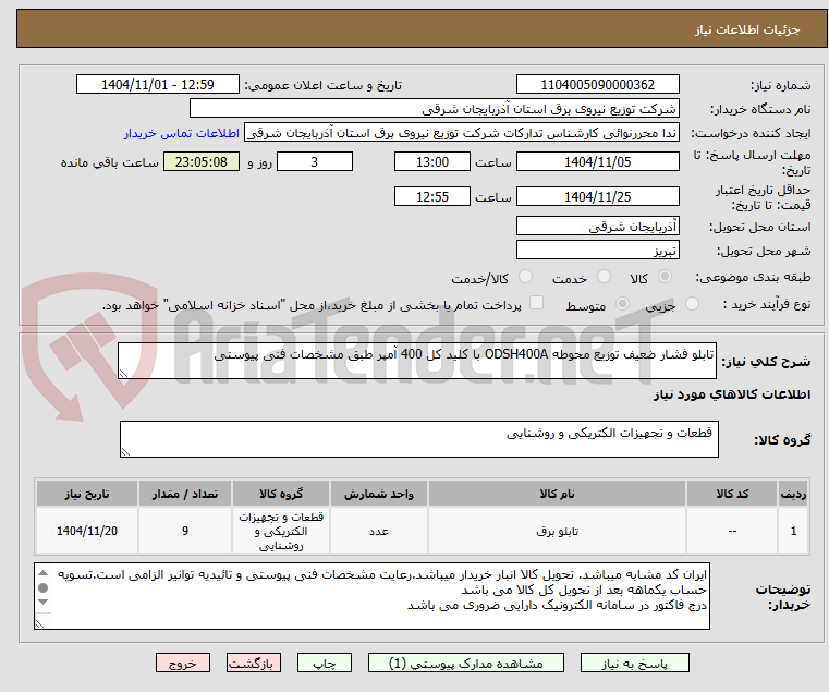 تصویر کوچک آگهی تابلو فشار ضعیف توزیع محوطه ODSH400A با کلید کل 400 آمپر طبق مشخصات فنی پیوستی