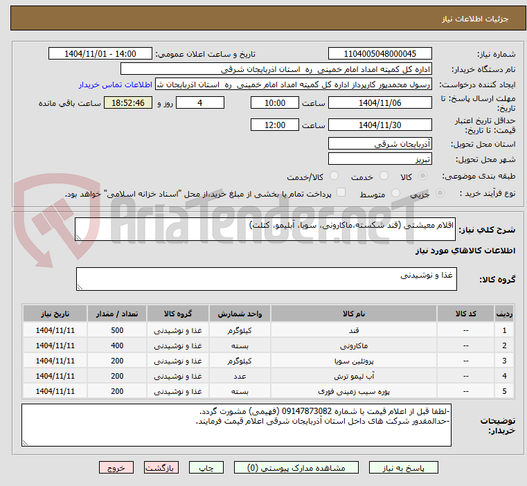 تصویر کوچک آگهی اقلام معیشتی (قند شکسته،ماکارونی، سویا، آبلیمو، کتلت)