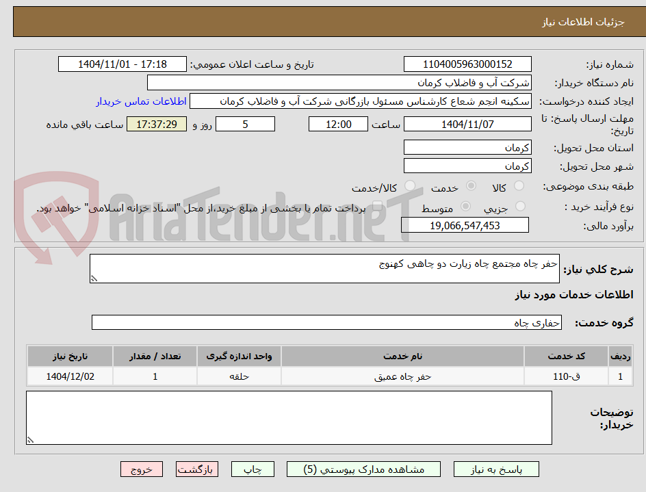 تصویر کوچک آگهی حفر چاه مجتمع چاه زیارت دو چاهی کهنوج