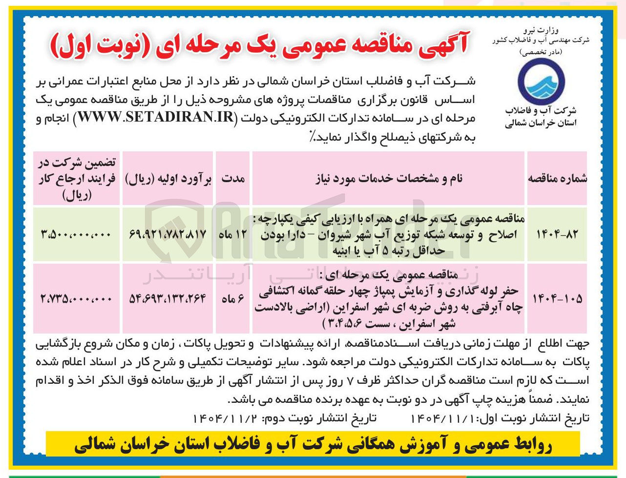 تصویر کوچک آگهی حفر لوله گذاری و آزمایش پمپاژ چهار گمانه اکتشافی چاه آبرفتی به روش ضربه ای 