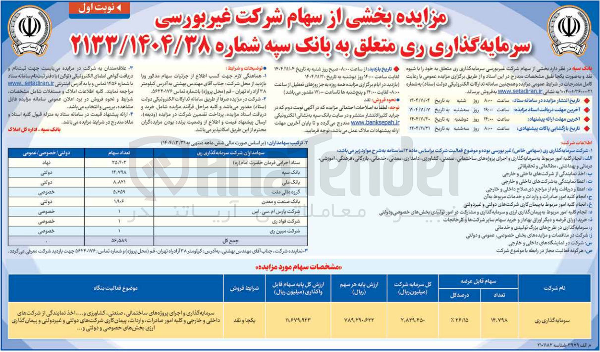 تصویر کوچک آگهی فروش بخشی از سهام