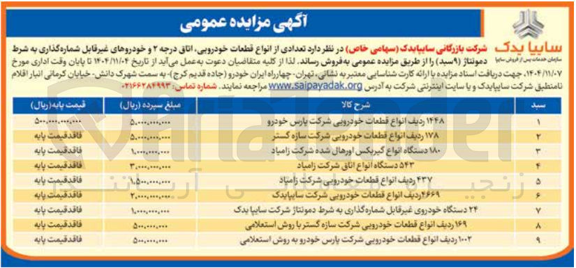 تصویر کوچک آگهی فروش تعدادی از انواع قطعات خودروبی اتاق درجه ۲ و خودروهای غیر قابل شماره گذاری به شرط سازمان خدمات پس از فروش سارا دمونتاژ (۹ سبد)