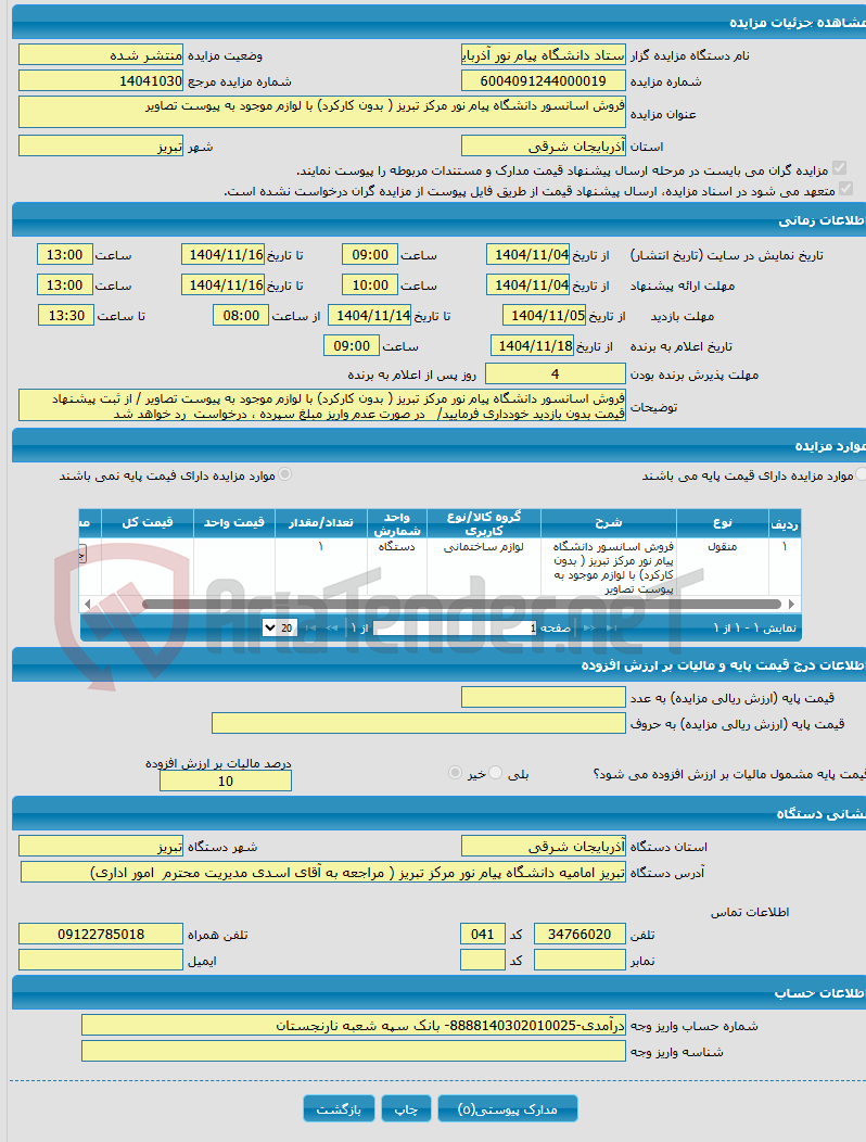 تصویر کوچک آگهی فروش اسانسور دانشگاه پیام نور مرکز تبریز ( بدون کارکرد) با لوازم موجود به پیوست تصاویر