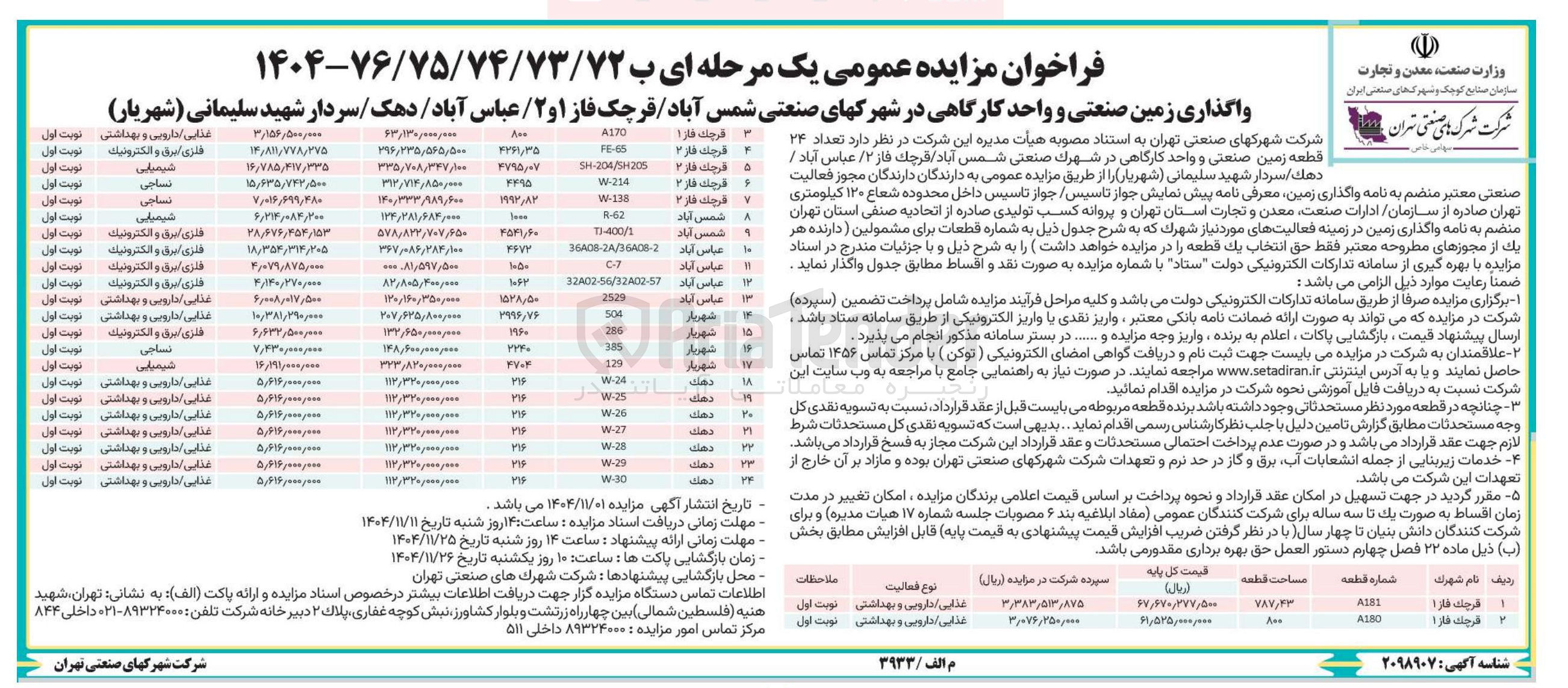 تصویر کوچک آگهی  واگذاری زمین صنعتی و واحد کارگاهی
