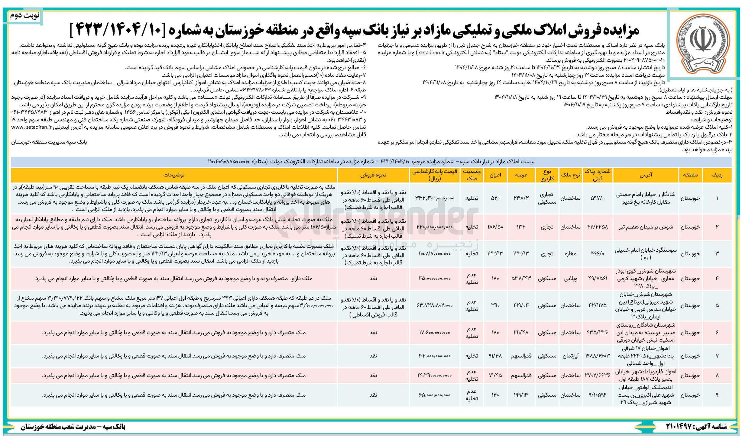 تصویر کوچک آگهی فروش املاک ملکی و تملیکی مازاد 