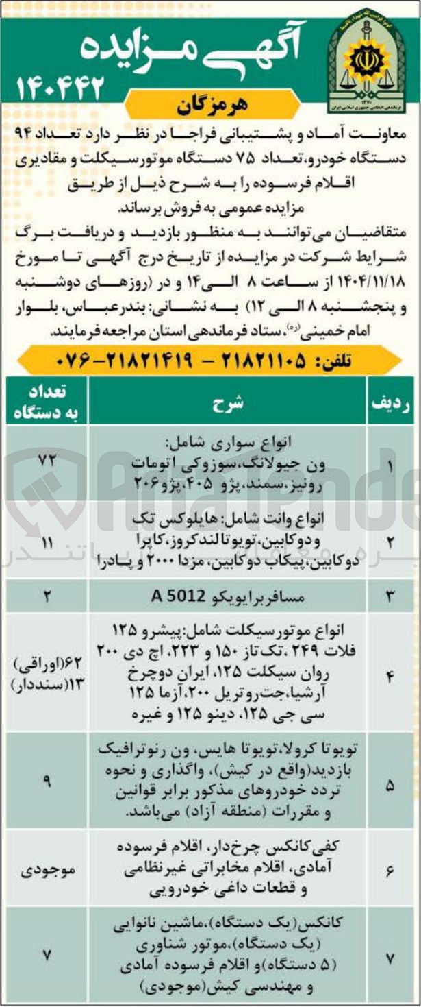 تصویر کوچک آگهی کفی کانکس چرخ دار اقلام فرسوده آمادی اقلام مخابراتی غیر نظامی و قطعات داغی خودرویی