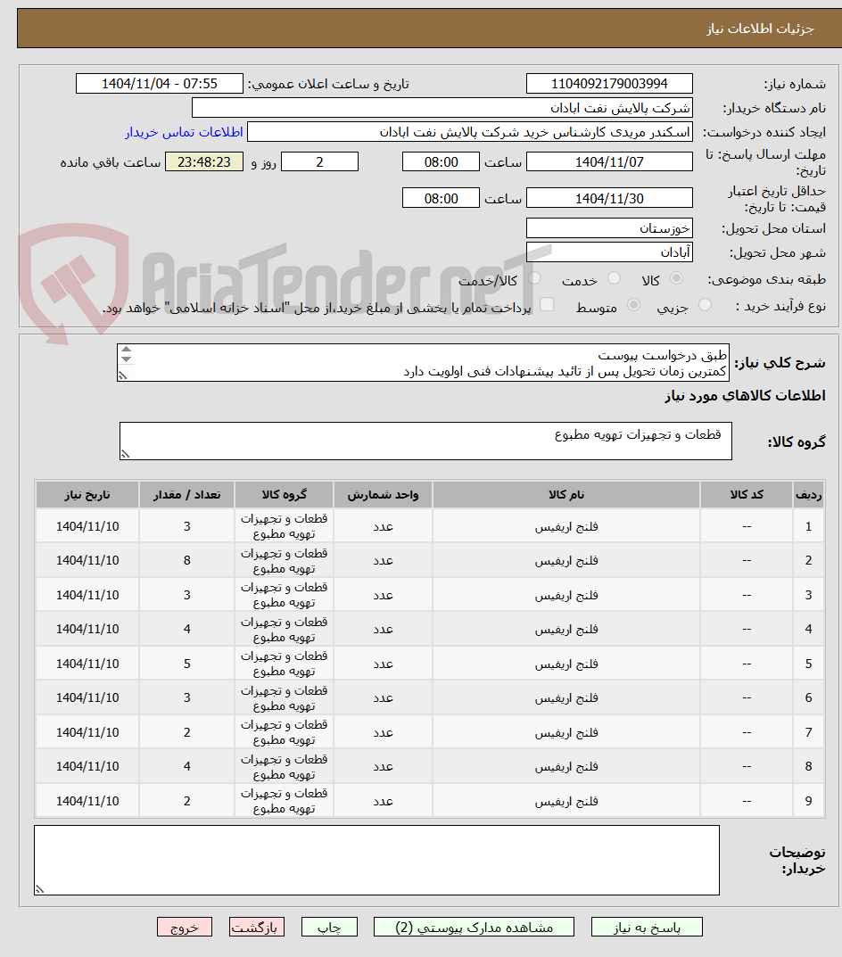 تصویر کوچک آگهی طبق درخواست پیوست
کمترین زمان تحویل پس از تائید پیشنهادات فنی اولویت دارد
مریدی53182231