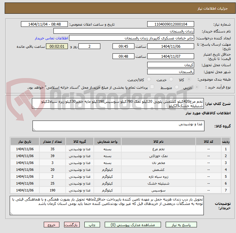 تصویر کوچک آگهی تخم مرغ420کیلو کشمش پلویی 20کیلو نمک 780کیلو سوسیس190کیلو مایه خمیر30کیلو زیره سیاه2کیلو شنبلیله خشک25کیلو