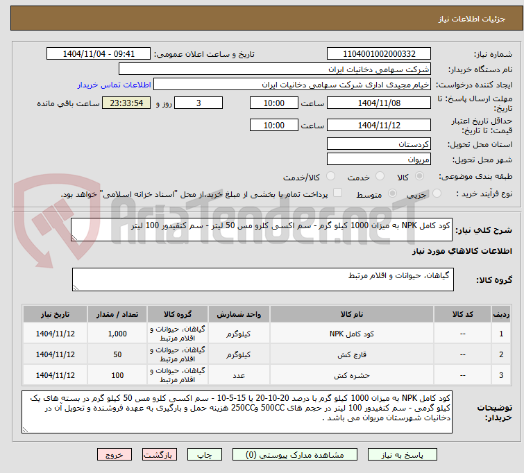 تصویر کوچک آگهی کود کامل NPK به میزان 1000 کیلو گرم - سم اکسی کلرو مس 50 لیتر - سم کنقیدور 100 لیتر