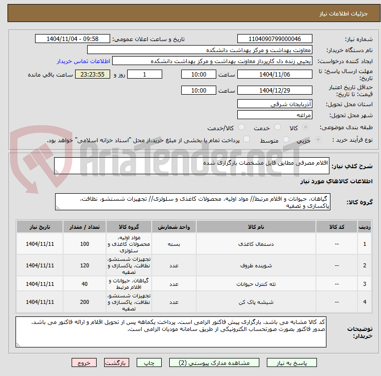 تصویر کوچک آگهی اقلام مصرفی مطابق فایل مشخصات بارگزاری شده