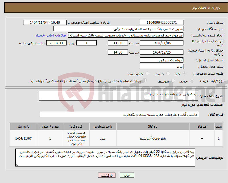 تصویر کوچک آگهی نیاز کالا-برد قدرتی درایو یاسکاوا 22 کیلو وات