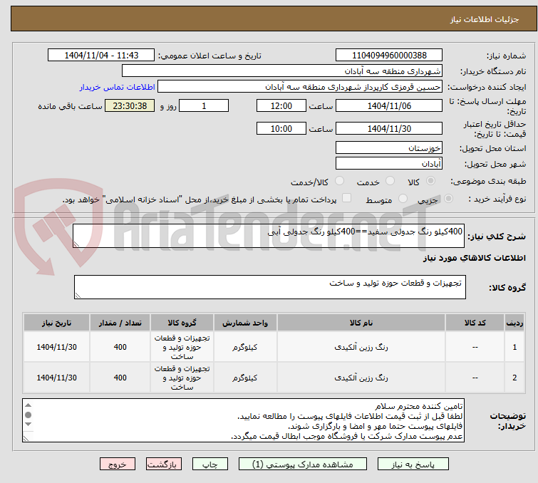تصویر کوچک آگهی 400کیلو رنگ جدولی سفید==400کیلو رنگ جدولی آبی