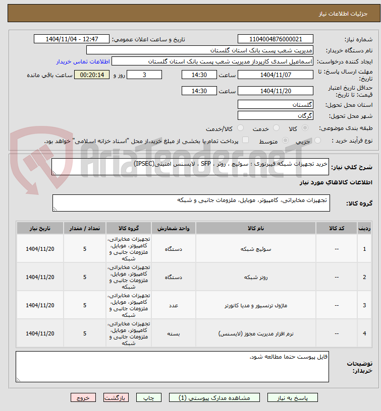 تصویر کوچک آگهی خرید تجهیزات شبکه فیبرنوری ؛ سوئیچ ، روتر ، SFP ، لایسنس امنیتی(IPSEC)