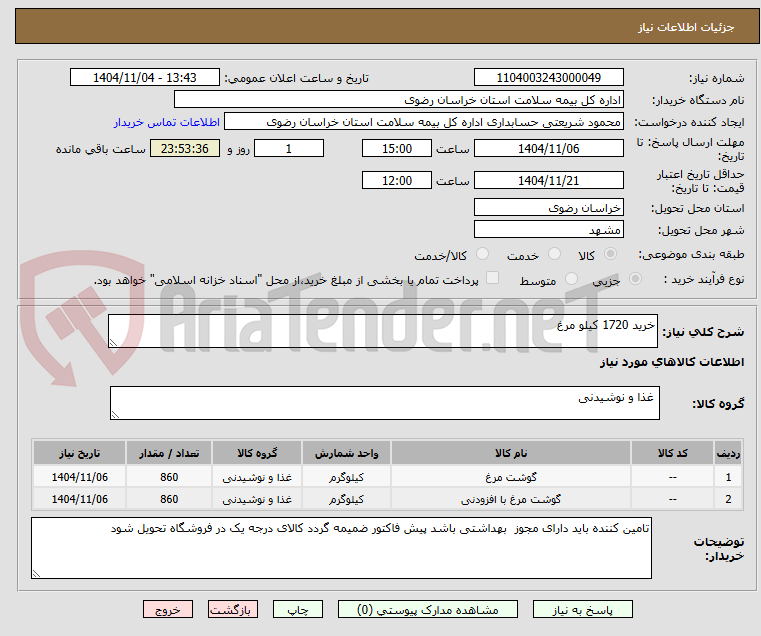 تصویر کوچک آگهی خرید 1720 کیلو مرغ