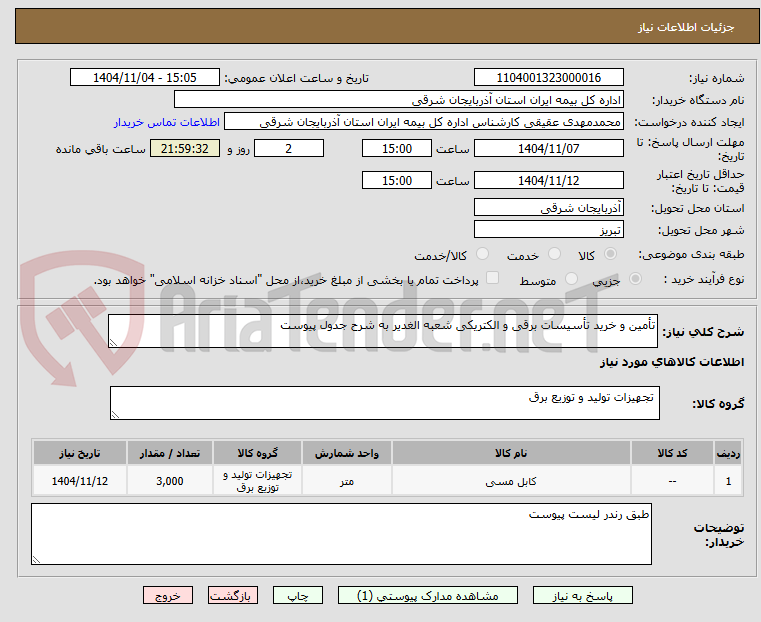 تصویر کوچک آگهی تأمین و خرید تأسیسات برقی و الکتریکی شعبه الغدیر به شرح جدول پیوست