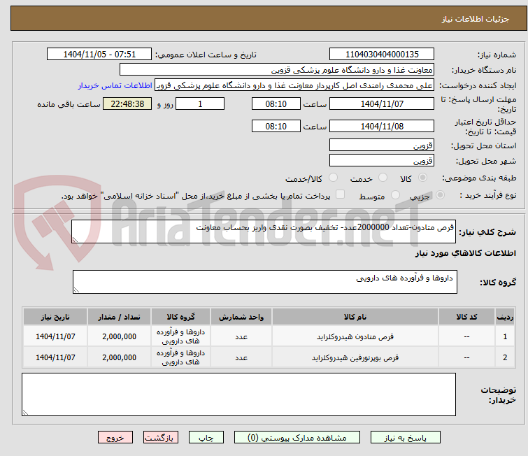 تصویر کوچک آگهی قرص متادون-تعداد 2000000عدد- تخفیف بصورت نقدی واریز بحساب معاونت