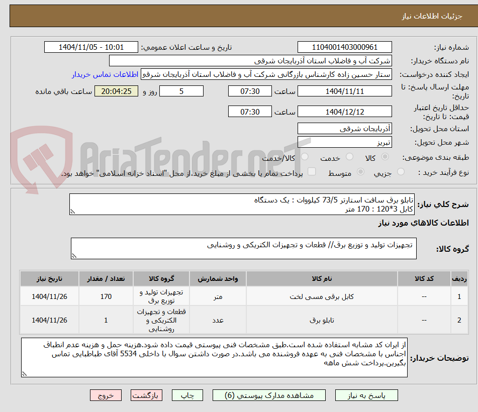 تصویر کوچک آگهی تابلو برق سافت استارتر 73/5 کیلووات : یک دستگاه
کابل 3*120 : 170 متر