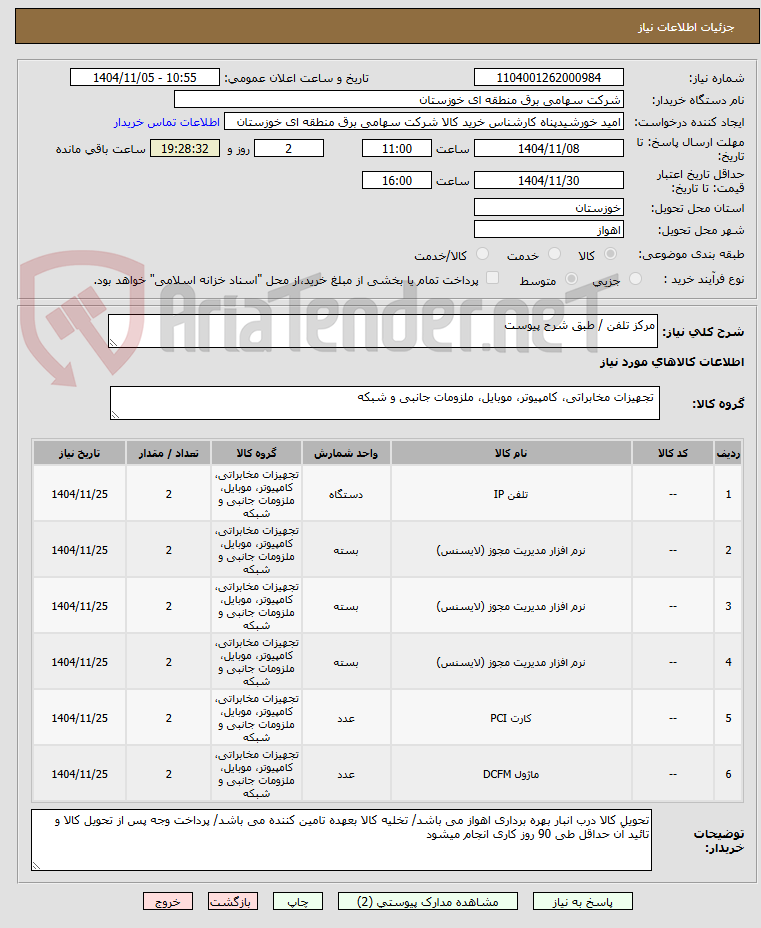 تصویر کوچک آگهی مرکز تلفن / طبق شرح پیوست 
