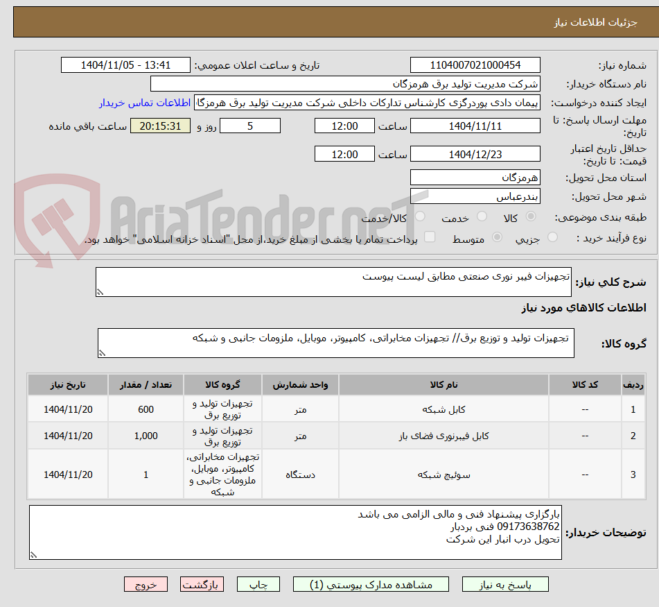 تصویر کوچک آگهی تجهیزات فیبر نوری صنعتی مطابق لیست پیوست 