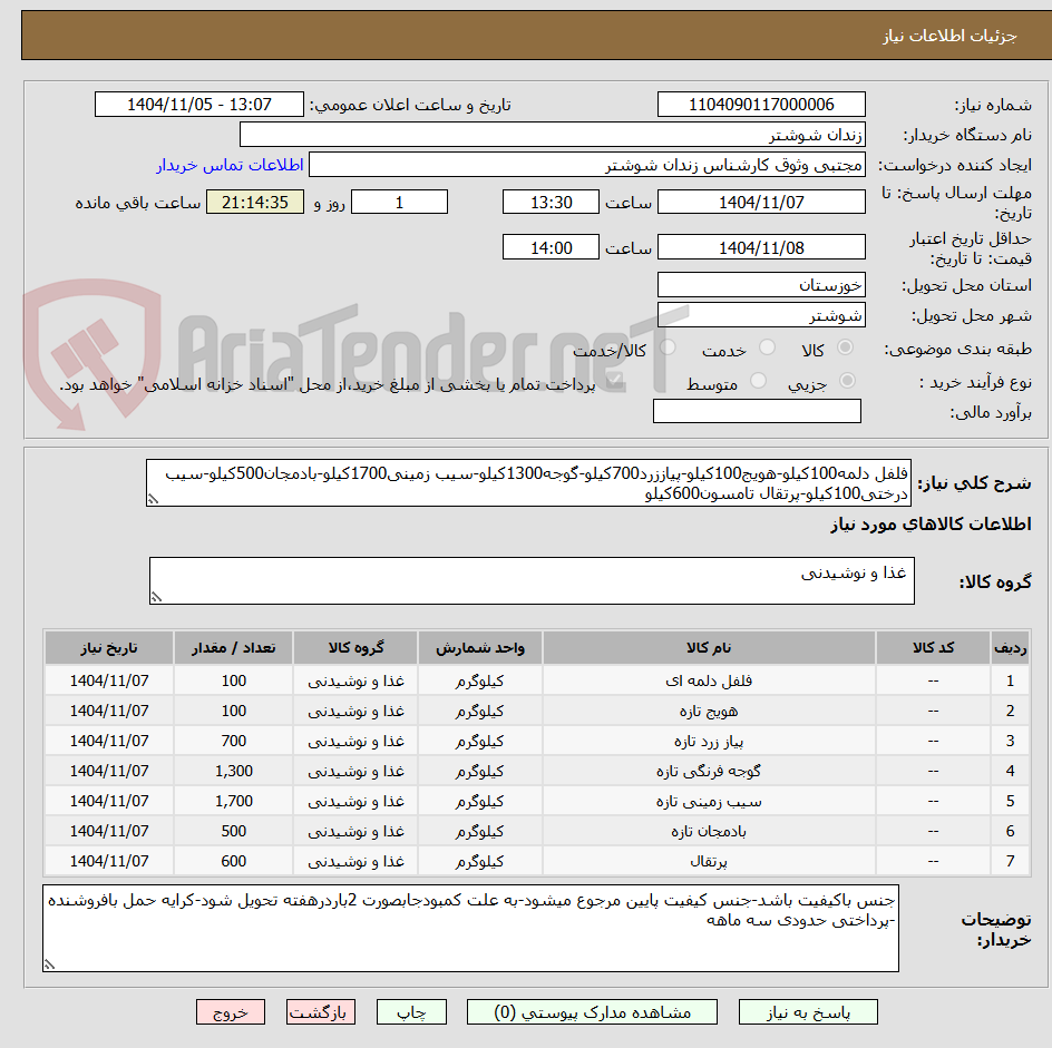 تصویر کوچک آگهی فلفل دلمه100کیلو-هویج100کیلو-پیاززرد700کیلو-گوجه1300کیلو-سیب زمینی1700کیلو-بادمجان500کیلو-سیب درختی100کیلو-پرتقال تامسون600کیلو