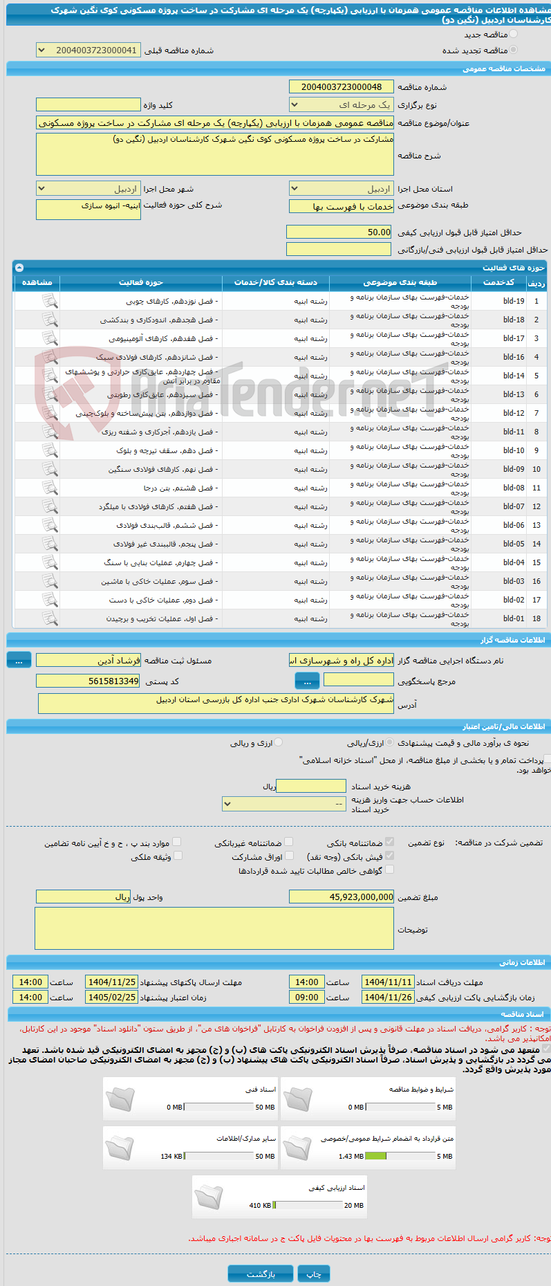 تصویر کوچک آگهی مناقصه عمومی همزمان با ارزیابی (یکپارچه) یک مرحله ای مشارکت در ساخت پروژه مسکونی کوی نگین شهرک کارشناسان اردبیل (نگین دو)
