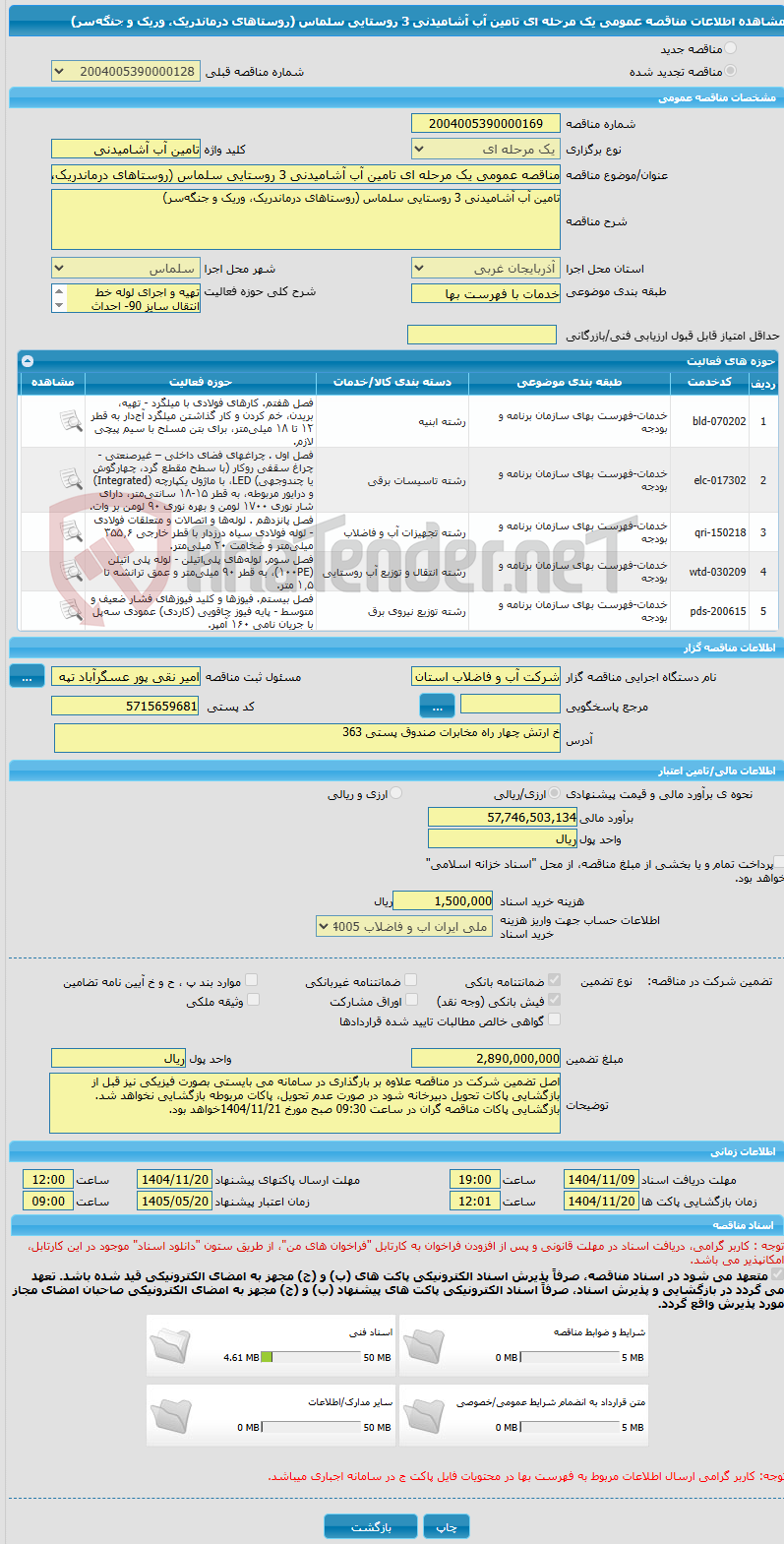 تصویر کوچک آگهی مناقصه عمومی یک مرحله ای تامین آب آشامیدنی 3 روستایی سلماس (روستاهای درماندریک، وریک و جنگه‌سر)
